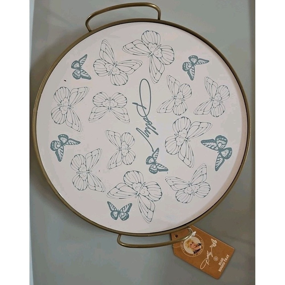 NEW DOLLY PARTON Round White Blue Butterfly Serving Tray Rare #772